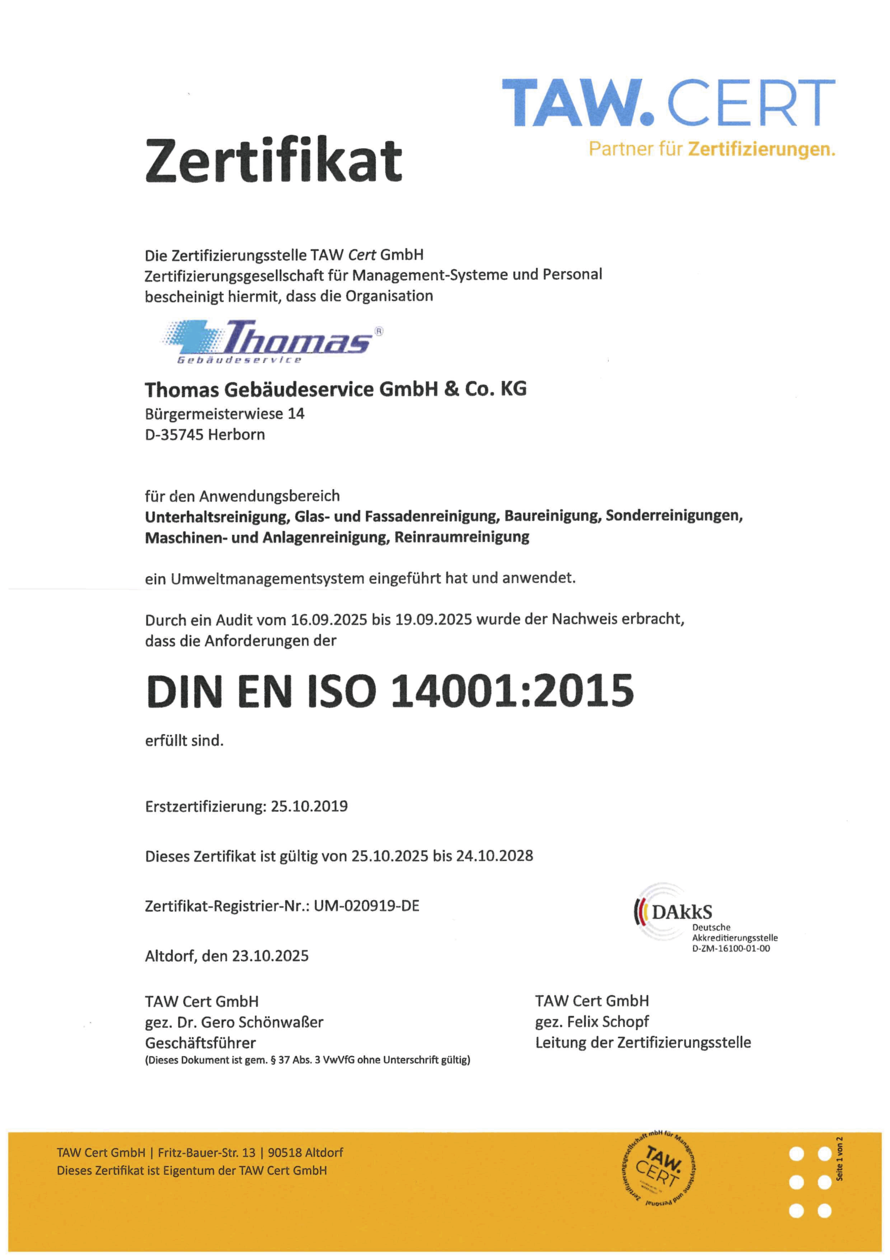 2025-10-25 TAW Cert DIN EN ISO 14001 AW Cert DIN EN ISO 14001